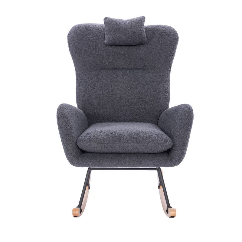 Dark Grey Teddy Fabric Rocking Chair with Solid Wood Frame and Cushions - 35.43” D x 19.29” W x 35.83” H