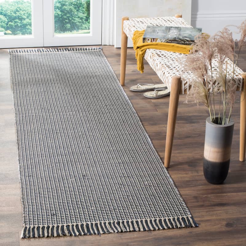 SAFAVIEH, Handmade Montauk Cliff Stripe Flatweave Cotton Fringe Rug - 2'3" x 10' Runner - Ivory/Navy