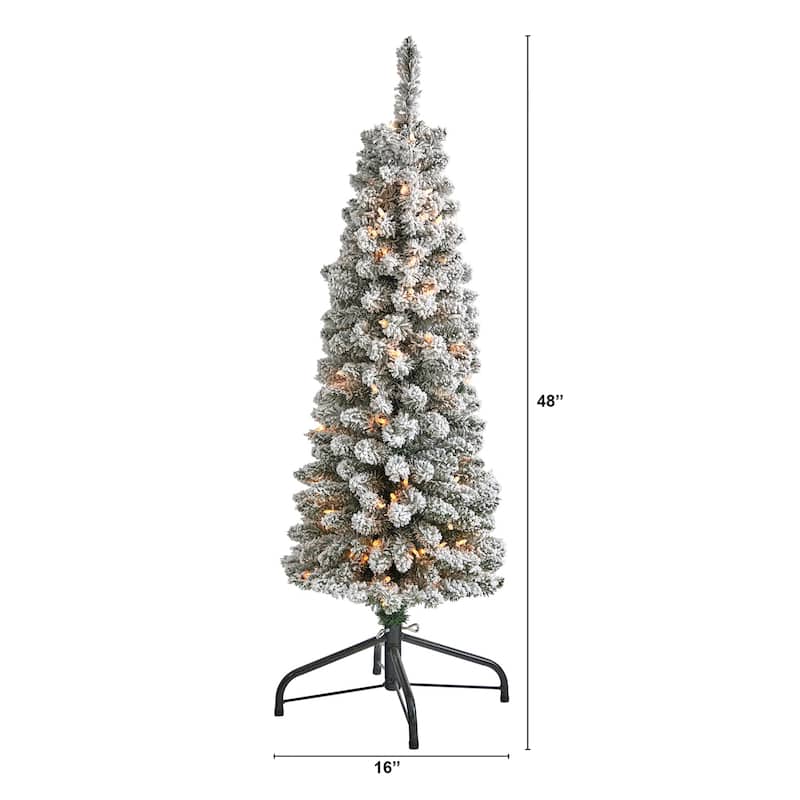 4ft. Flocked Pencil Artificial Christmas Tree with 100 Clear Lights and 216 Branches - Slim Snowy X-Mas Accent