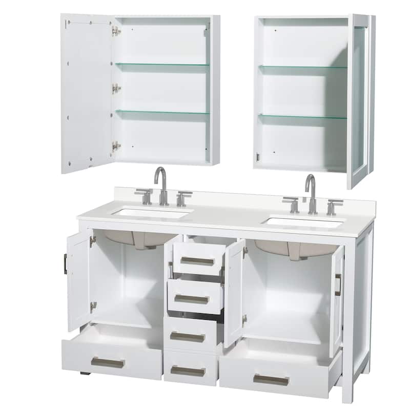 Sheffield 60-inch Double Vanity, 3 Hole Quartz Top, Med Cabinets