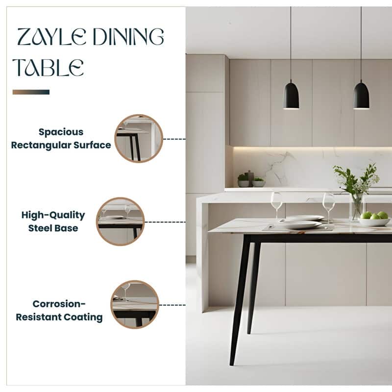 Zayle Rectangular Dining Table with Glass/Sintered Stone Tabletop in Steel