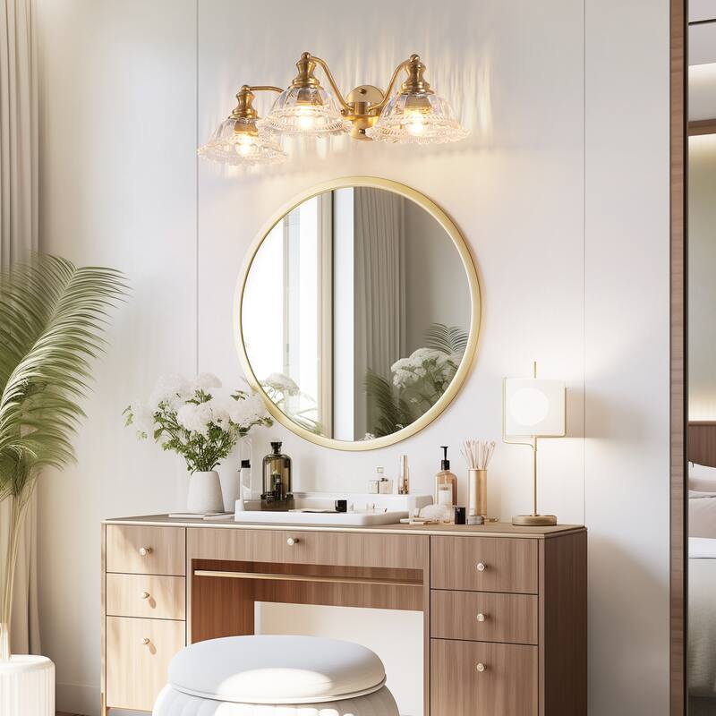 24 Inch 3-Light Vintage Bathroom Wall Sconce - Elegant Metal and Glass Lampshade Vanity Light Fixture for Bathroom - Gold