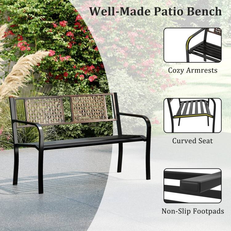 Black Metal Woven-Look Garden Bench with Curved Seat, Armrests and Non-Slip Feet - 50" L x 23.5" W x 32" H
