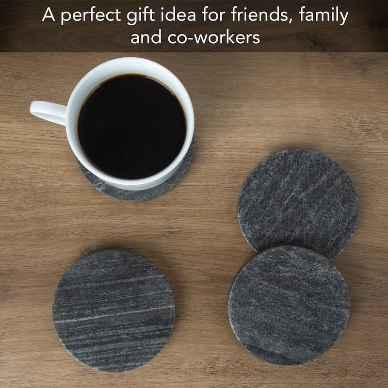 4 Pack Natural Black Marble Round Coasters 4" Diameter Elegant Heat Tolerant