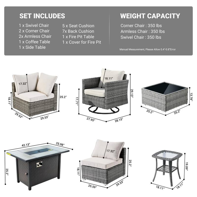 HOOOWOOO 8-piece Rattan Wicker Patio Furniture Set with Fire Pit