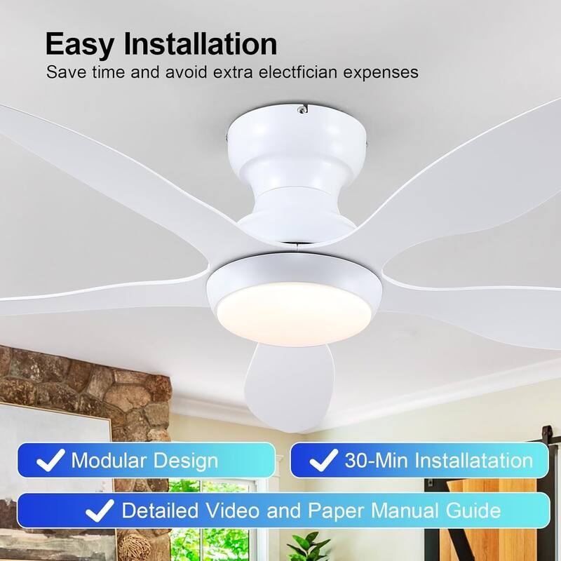 46" Modern Flush Mount Ceiling Fan with LED Light and Remote APP Control Reversible DC Motor for Living Room Bedroom - 46 Inches