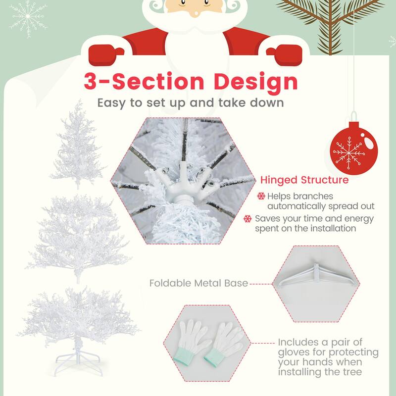 Gymax 6 FT Pre-Lit Artificial Christmas Tree White Hinged Xmas Tree w/