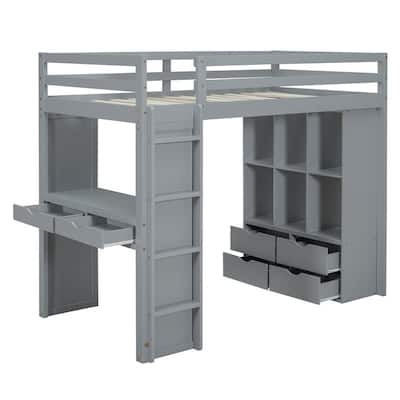 Full Size Loft Bed with large shelves, writing desk and LED Light