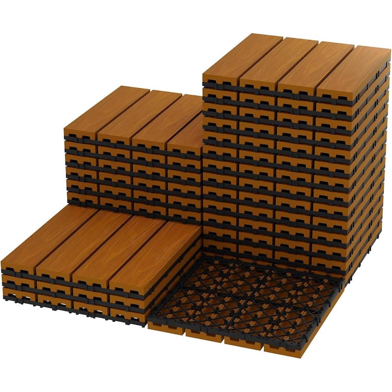 27-Pack All-Weather Plastic Wood-Grain 12"X12" Composite Interlock Deck Tiles Flooring - Brown