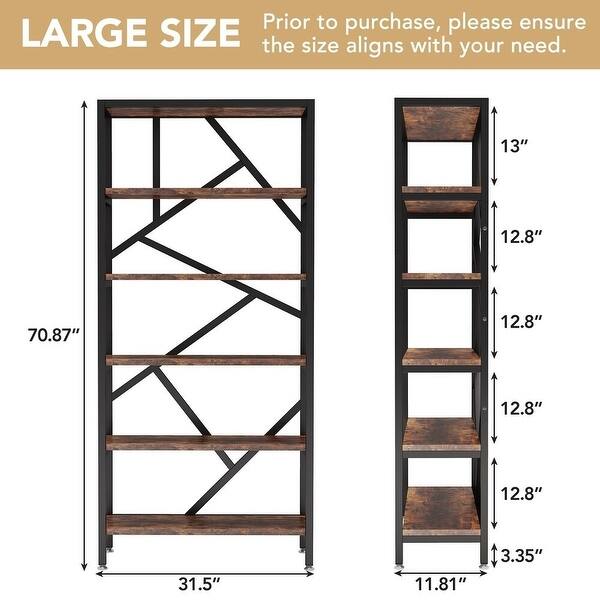 dimension image slide 0 of 3, 71 Inch Industrial Bookshelf, 6 Tier Etagere Bookcase, Free Standing Open Book Shelves Storage Display Shelf
