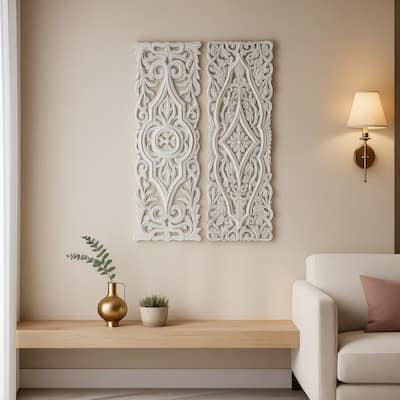 Ozy Carved Wall Art Panel Set of 2 Handcrafted Ornate Decor Distressed White Wood, 16x48
