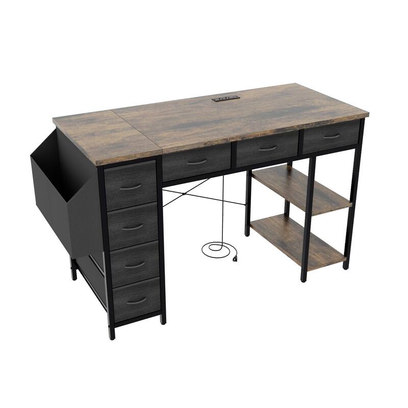 47" Computer Desk With Power Outlet,Writing Desk with 7 Fabric Drawers