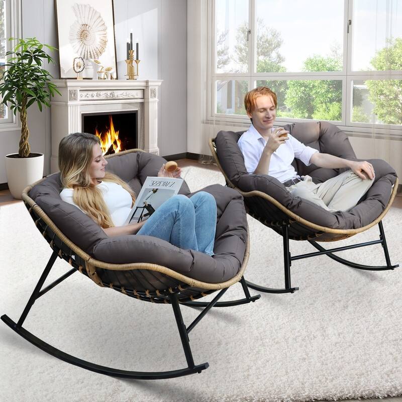 FINCATI Indoor Deep-seating Rocking Papasan Chair, Rocking Chair Outdoor, 450 lbs Outdoor Rocking Chair, Oversized Rocker Chair - 2 PCS-Dark Grey