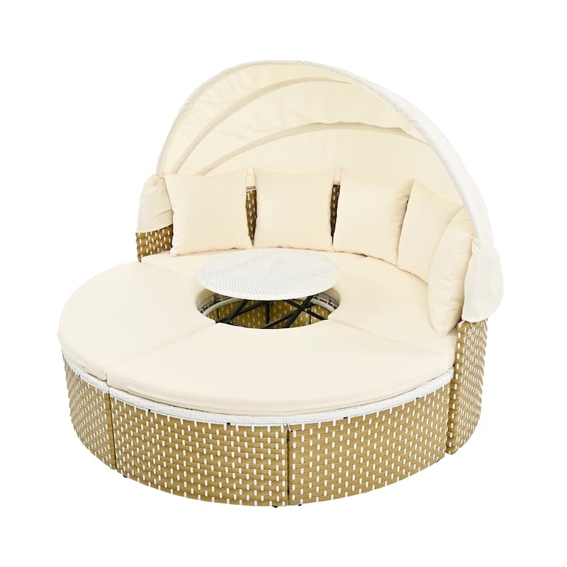 All Weather PE Rattan Daybed Two Tone Weave Sunbed Outdoor Patio Round Sectional Sofa with Retractable Canopy and Cushion