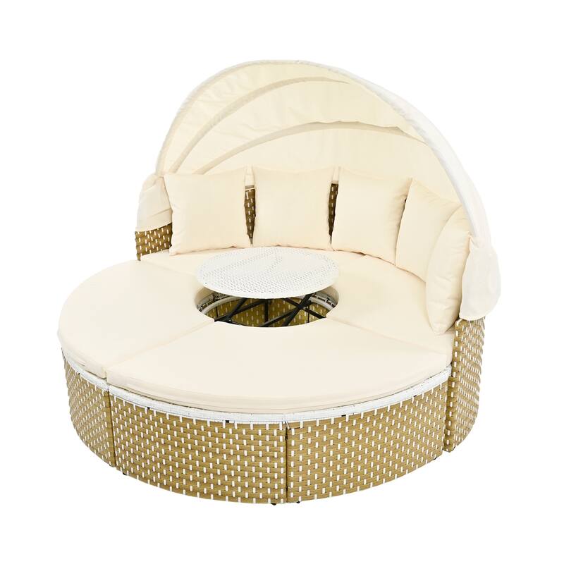 Luxury Round Rattan Daybed Patio Sofa Set with Retractable Canopy, Ottoman, Adjustable Table & Cushions