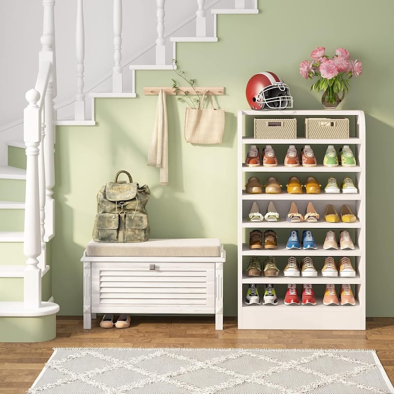 8-Tier Shoe Cabinet for Entryway, Modern White Shoe Shelf Shoes Rack Organizer, Wooden Shoe Storage Cabinet for Hallway Closet