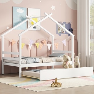 White Twin Size Pine Wood House-Shaped Bed with Trundle and Roof