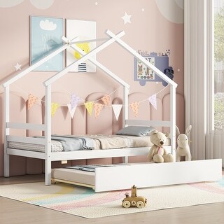 White Twin Size Pine Wood House-shaped Bed with Trundle and Roof for Kids, Boys and Girls