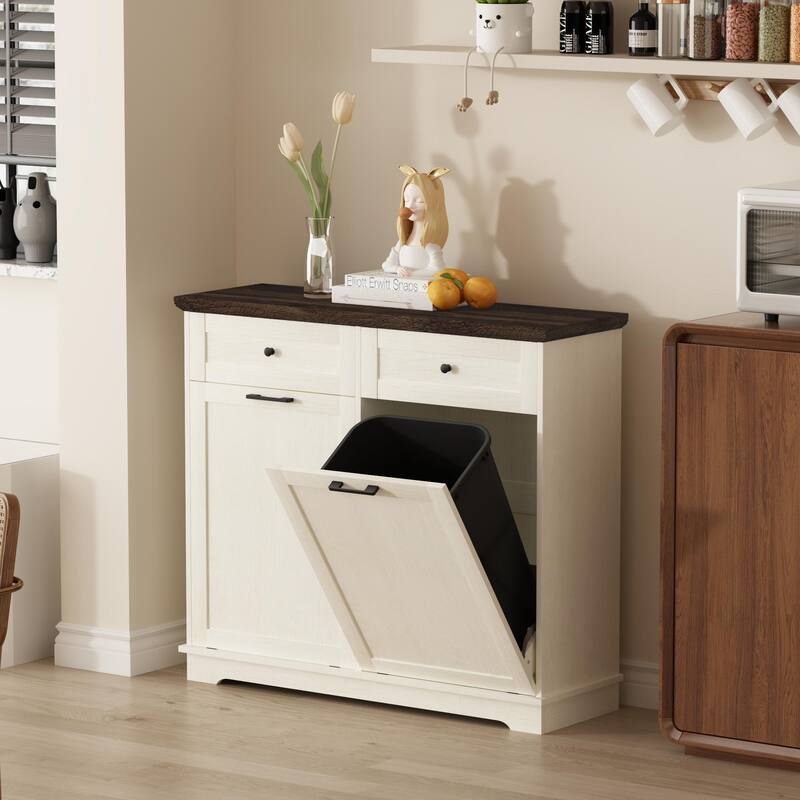 20 Gallon Double Tilt Out Trash Can Cabinet Freestanding Trash Bin Cabinet Wood Garbage Recycling Cabinet with Hideaway Drawer