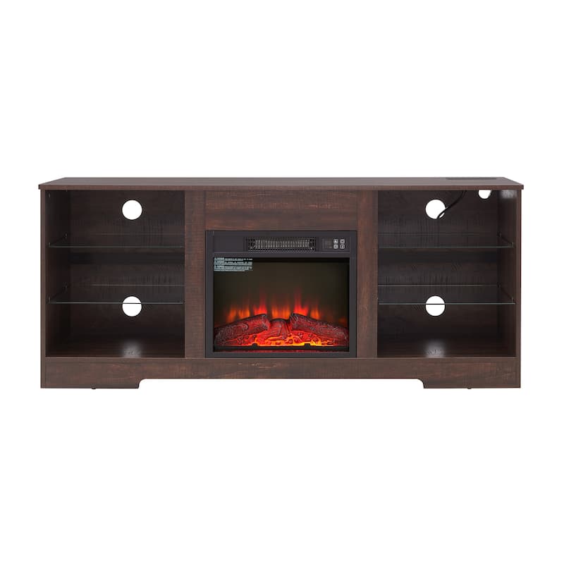 Fireplace TV Stand with LED Lights, TV Console with USB Charging Outlet, Entertainment Center with Adjustable Glass Shelves