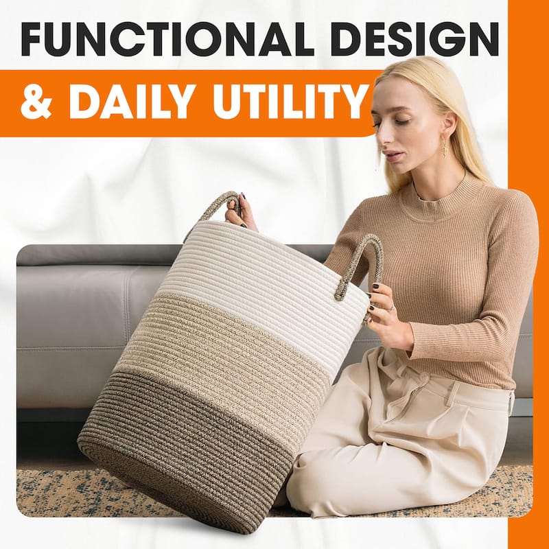 Cheer Collection Large Woven Cotton Laundry Hamper with Handles Stylish Storage Basket for Clothes Toys and Blankets
