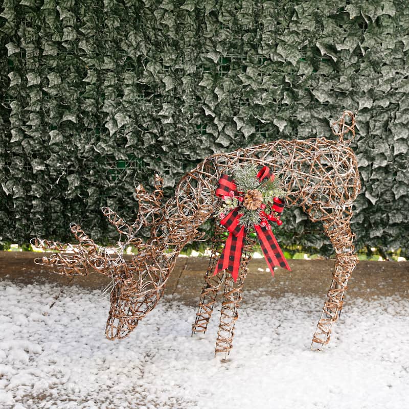 Rattan Grazing Reindeer with Bow and LED Lights Decor - Natural