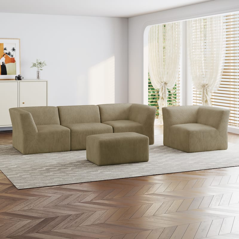 All-Foam 5-Piece Living Room Sectional Sofa Set With Ottoman - Khaki