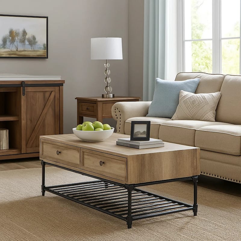 Ley 47 Inch Coffee Table, 2 Drawers, Industrial Design, Slatted Shelf, Oak