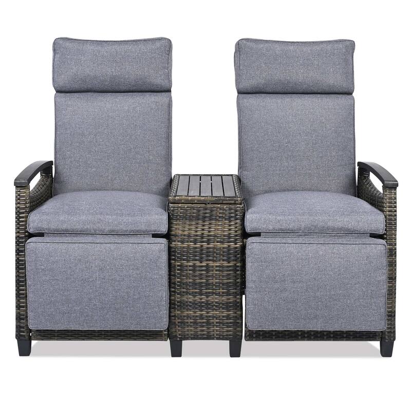 Patio Recliner Loveseat Chair with Adjustable Backrest and Storage Table