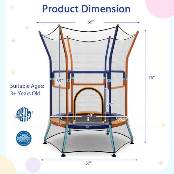 dimension image slide 1 of 2, Mini Trampoline for Kids with Safety Enclosure Net and Foam Handles
