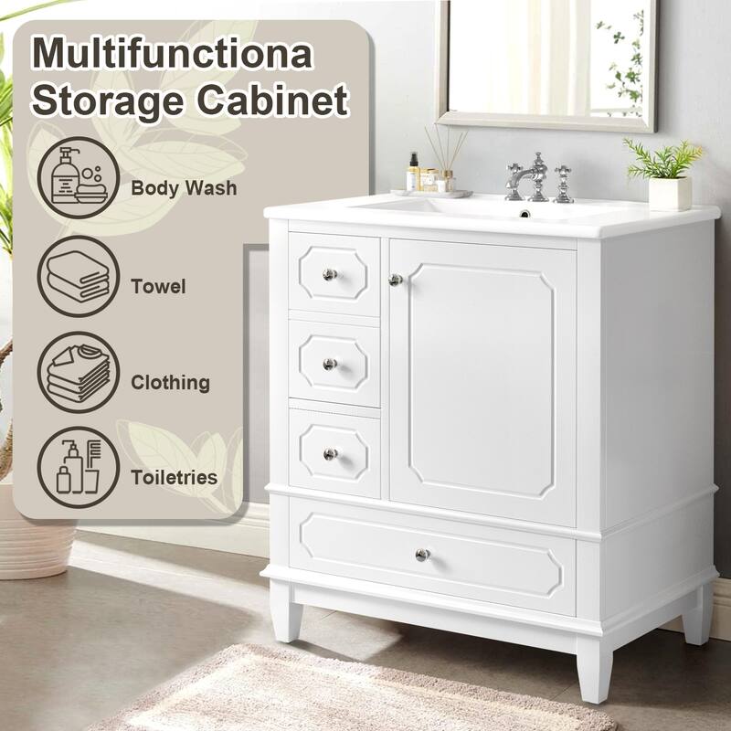 30" Bathroom Vanity with Sink,Solid Wood Frame,Painted MDF & Rubber Wood