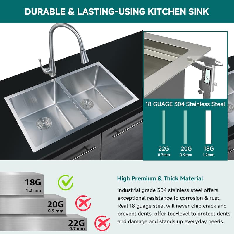CB HOME 32" x 19'' Undermount Double Bowl Kitchen Sink, Drop-in & Top mount 50/50 Stainless Steel Kitchen Sink - 32''x19''x10''