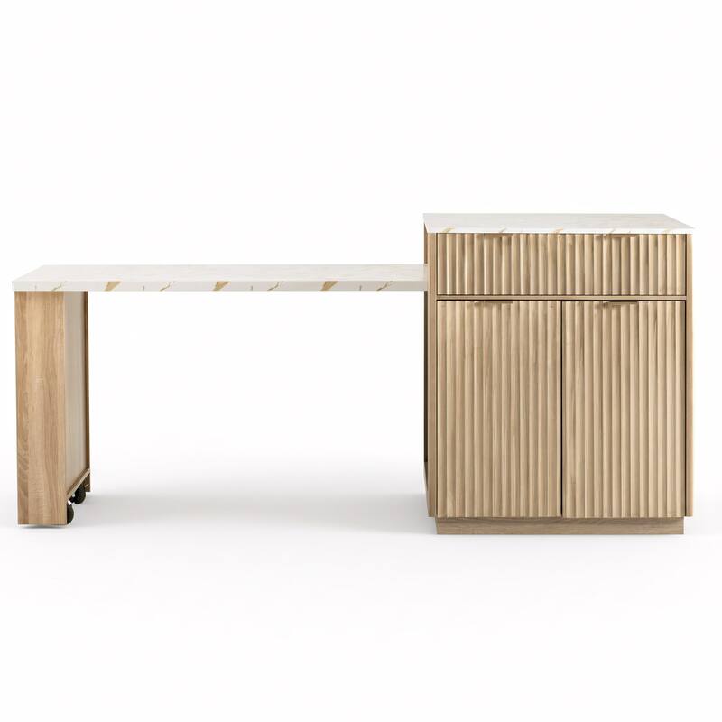 Fluted Kitchen Island with Extendable Dining Table, Power Outlet, Double Side Storage, 2 Drawers and 2 Side Open Shelves