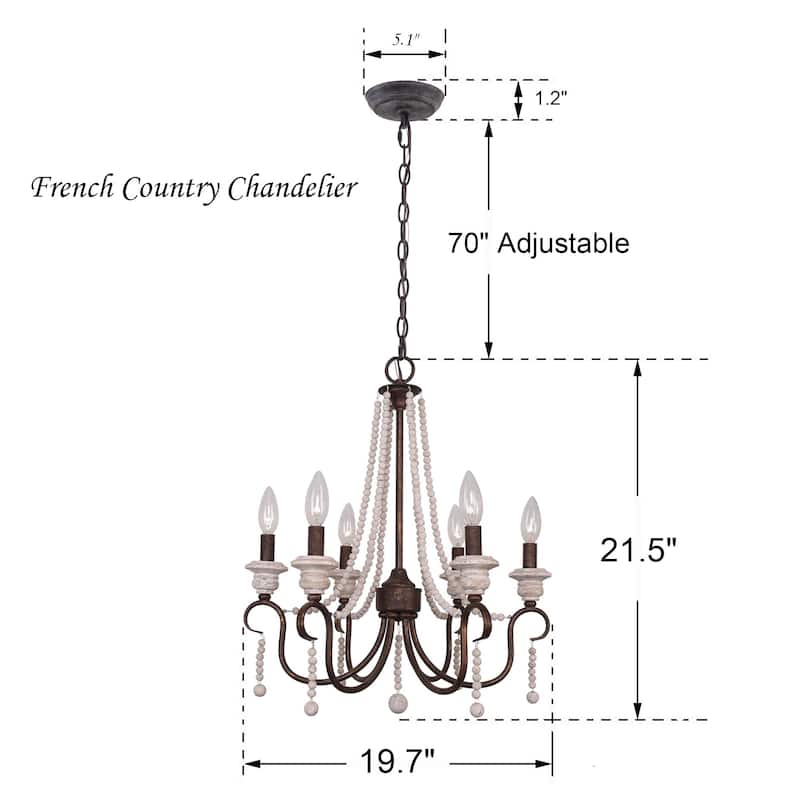 6-Light Vintage French Country Chandelier Dimmable Pendant Light - 20"X22"