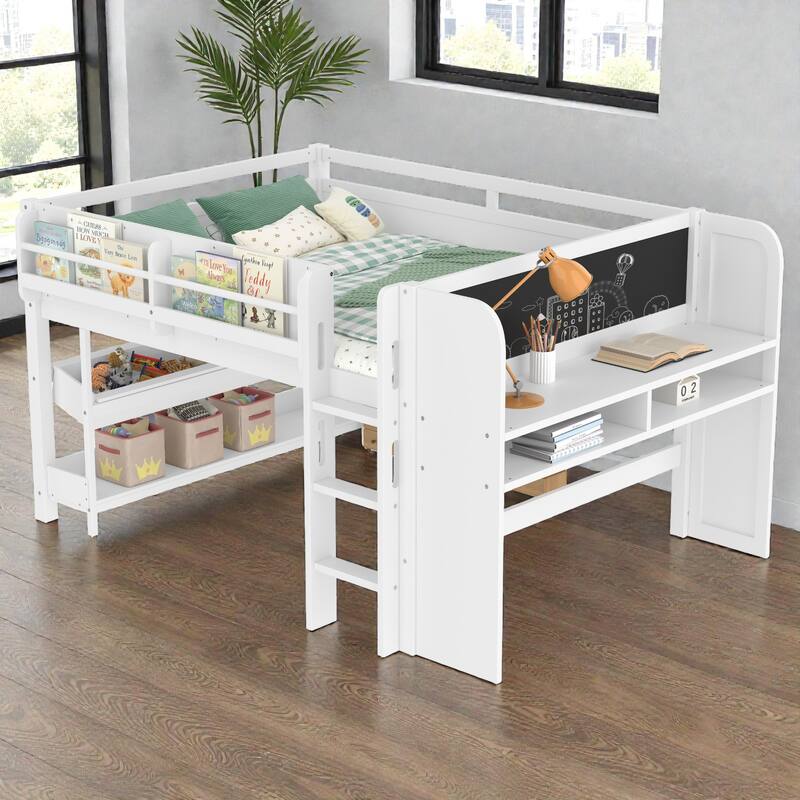 Low Loft Bed with Desk, Storage Bookcases, Drawers & Boxes, Solid Wood Kids Loft Bed with Blackboard Shelf