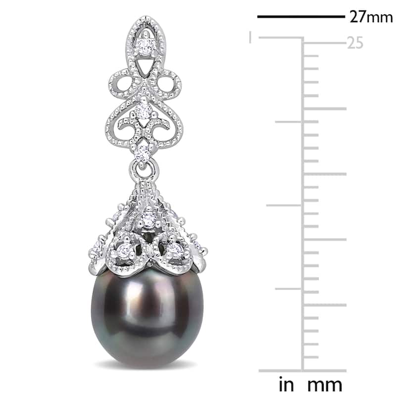 Miadora 8-8.5mm Black Tahitian Cultured Pearl 1/4ct TGW White Topaz Earrings Sterling Silver