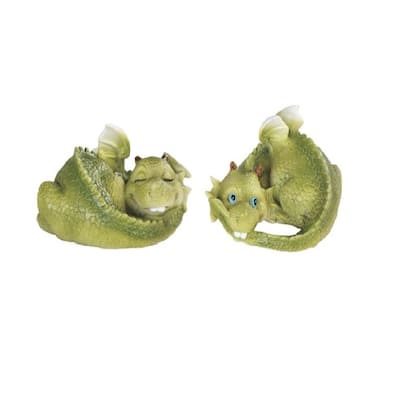 Q-Max 2-Piece Cute Green Dragon Baby Resting Figurine Set 3.5"W Statue Fantasy Decoration