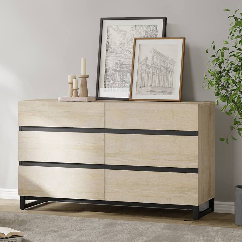 WAMPAT 3 in 1 Multifunctional Dresser with Glass Doors and 6 Drawers, Modern Chest of Drawers for Bedroom