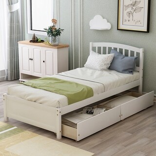 Twin Wood Platform Bed Frame with Headboard and Two Storage Drawers, No Box Spring Needed