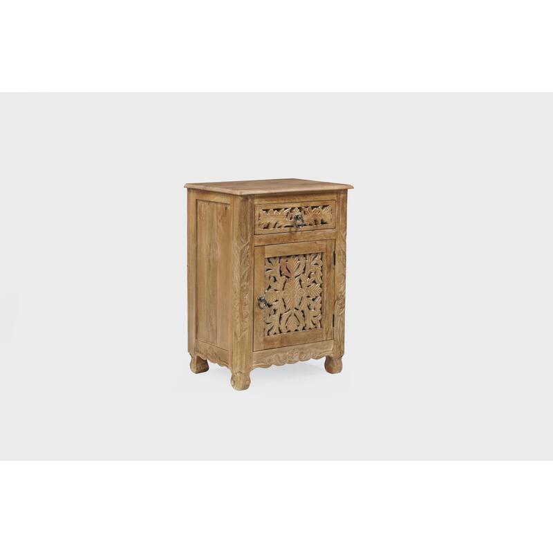 Florence Floral Solid Mango Wood 1-Drawer Nightstand with Cabinet Storage Assembled