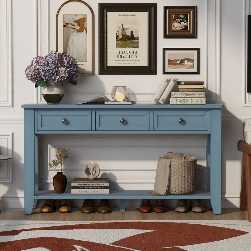Modern Entryway Console Table with Three Drawers Sturdy Poplar Legs - Blue