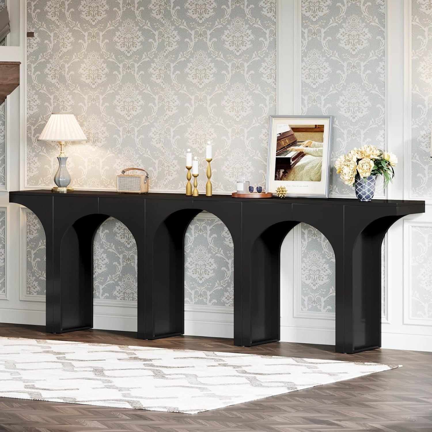 94" Black Wood Console Table Set of 2 for Entryway