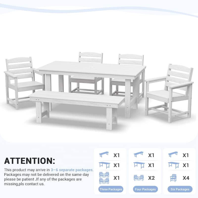 6-Piece HDPE Outdoor Dining Table Sets with Umbrella Hole - 1-Table 4-Chairs-1-Bench