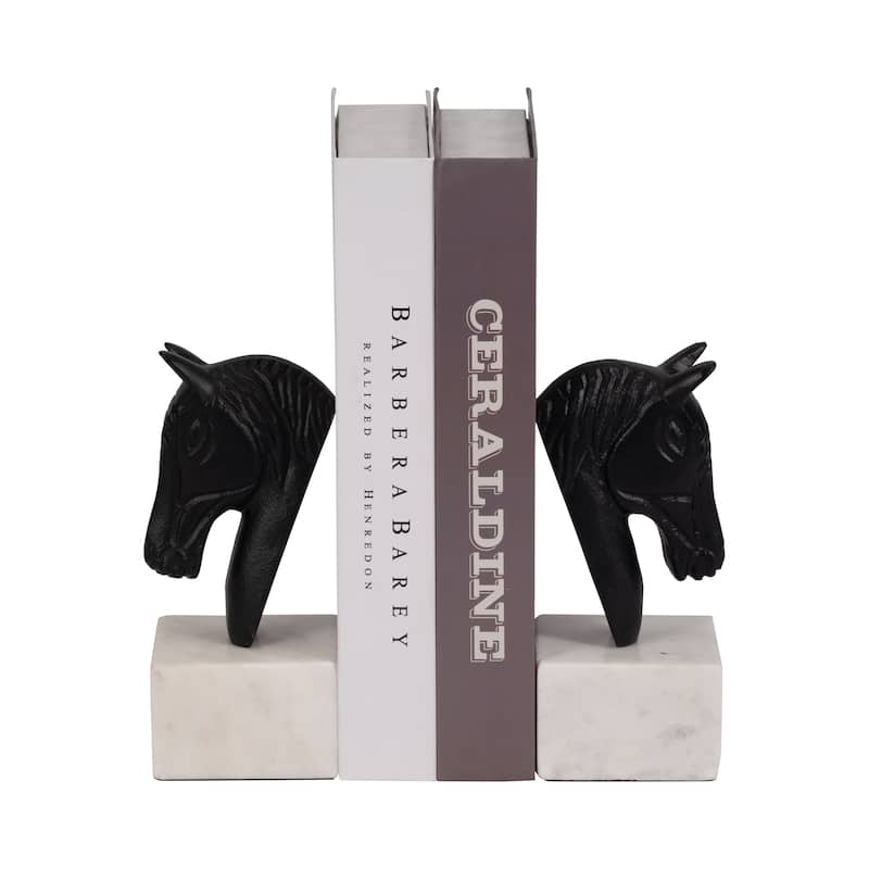 Sagebrook Home Bookends Metal & Marble Sculpted Horse Head Design 3x3x7" Black/White Modern Decor Black White Marble