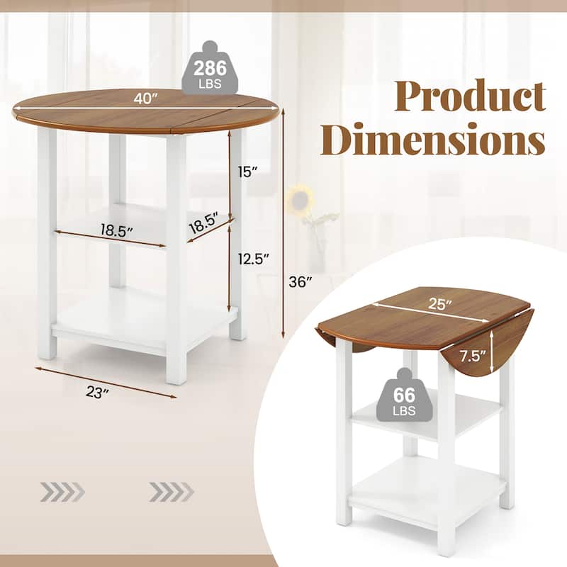 Gymax Folding Round Dining Table Drop Leaf Table w/ 2 Shelves for