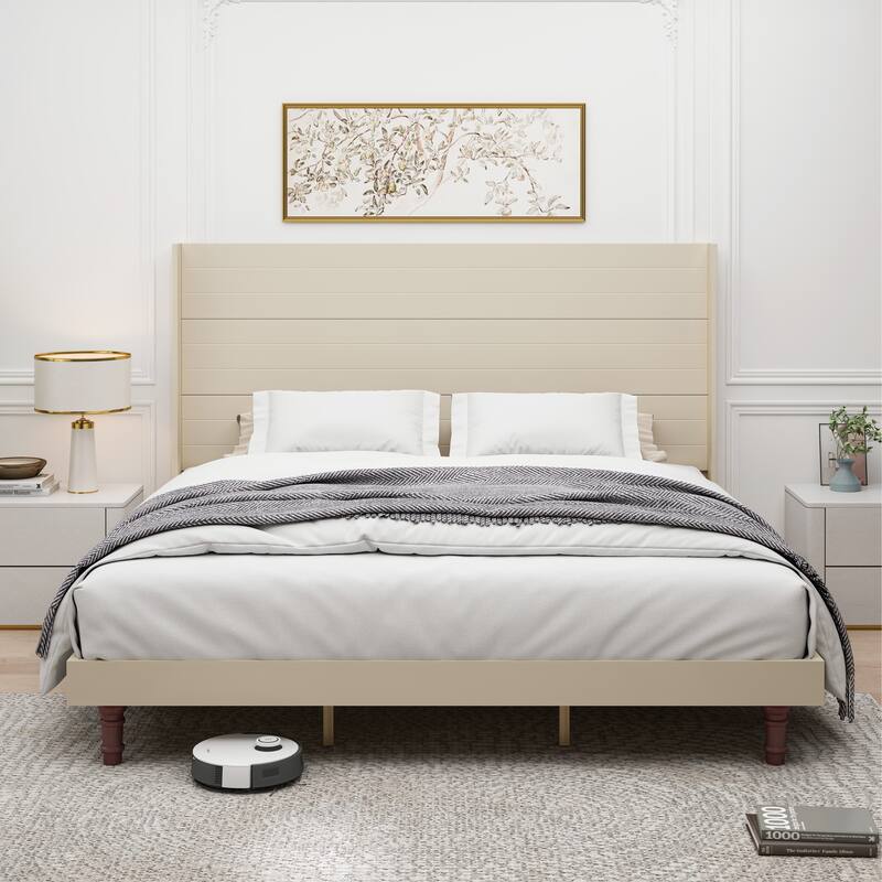 King Platform Bed with Elegant High Headboard & Comfortable Back - Beige