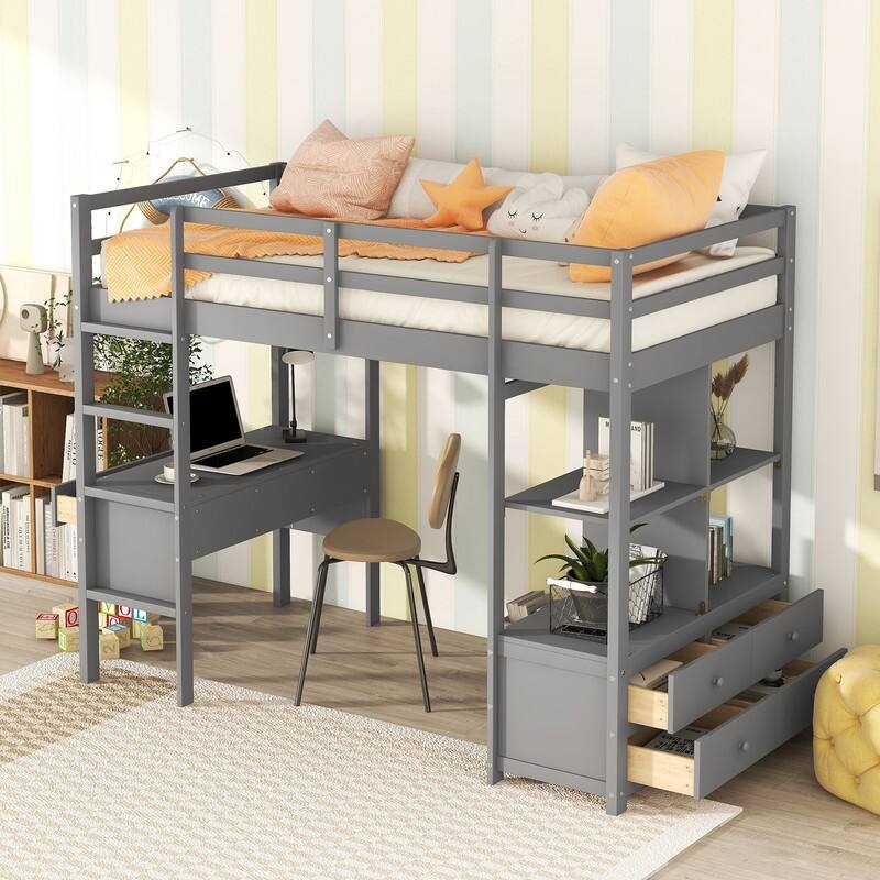 Twin/Full Size Loft Bed with Builtin Desk with Two Drawers, and