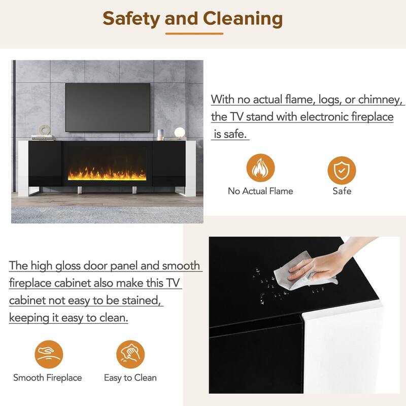 Modern High Gloss Finish V Stand with 34.2" Non-heating Electric Fireplace, Entertainment Center with 2 Cabinets