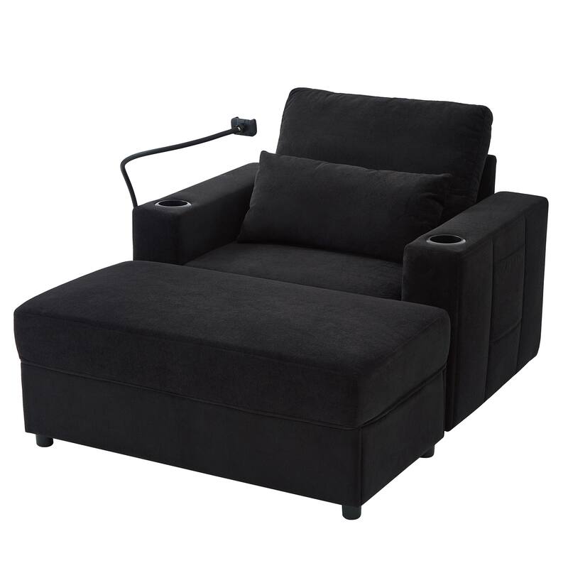 Anmytek Modern 42.5 Inch Living Room Chaise Lounge Sofa Armchair with Movable Storage Ottoman 2 USB Ports