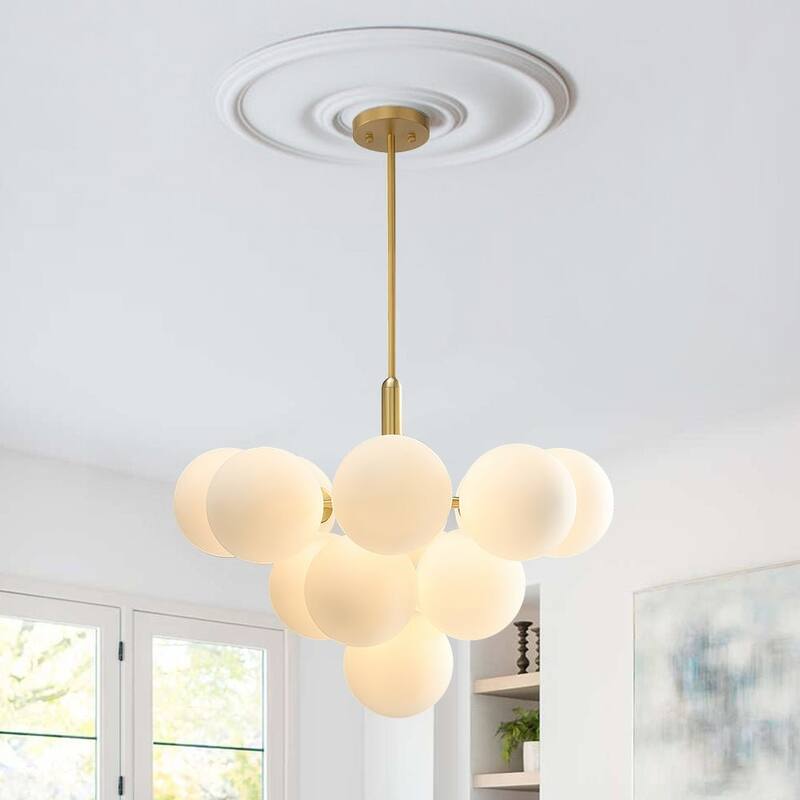 Modern 13-Light Brass Glass Globe Cluster Chandelier